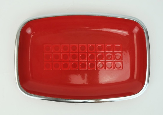 Image 1 of 2 ciotole e 1 piatto da portata silit rosso smalto metallo cromo motivo op art anni '70