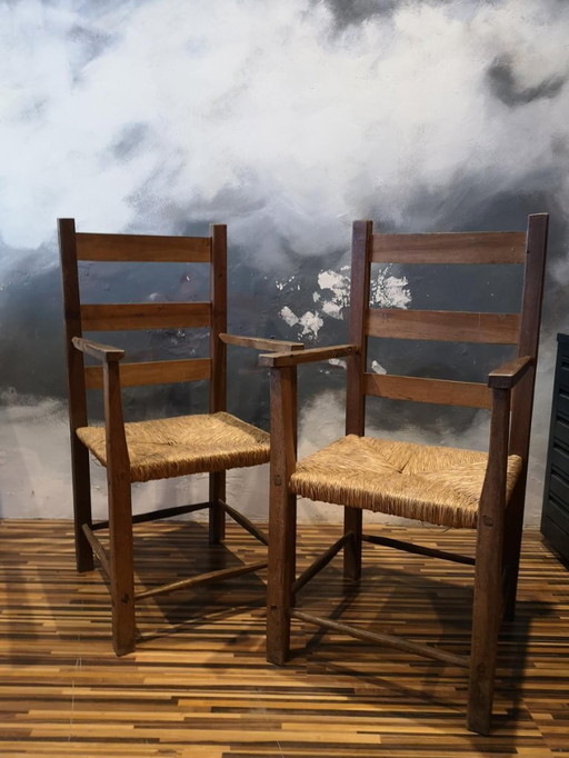 Pair of antique wooden straw-seated armchairs - Authentic country style