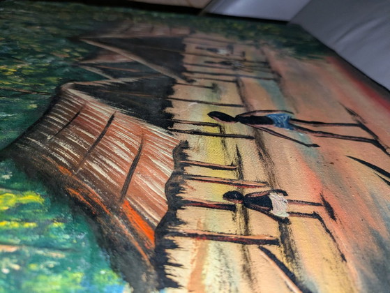 Cuadro al óleo de estilo antiguo de un pueblo de África Occidental sobre lienzo, 86 cm x 52 cm. (photo 5 of 10)