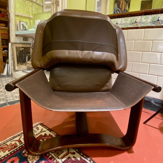 Vintage Manta loungestoel van leer en hout, ontworpen door Ingmar Relling voor Westnofa. (photo 11 of 11)