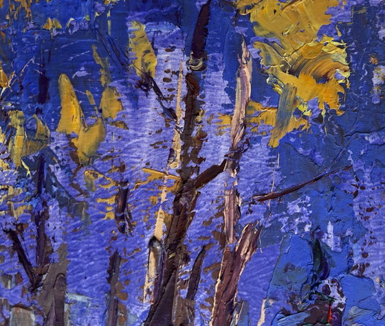 Image 1 of Original Oil Painting Winter Forest Landscape Home on a winter evening