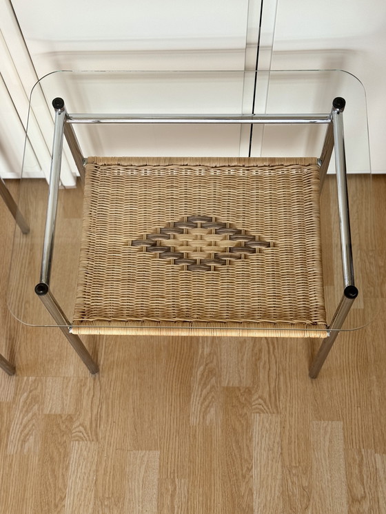 Image 1 of Set of vintage side tables/side tables with chrome, wicker and glass - 1970s
