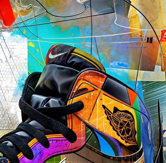 Image 1 of Tredici: "Nike Jordan di Picasso". Firmato a mano, esemplare 7/10. Glicée su tela. Include cornice e sistema di sospensione.