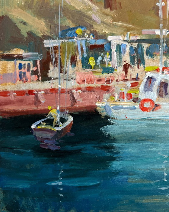 Image 1 of Pintura al óleo original: Paisaje marino y montañoso con barcos en el ferry.