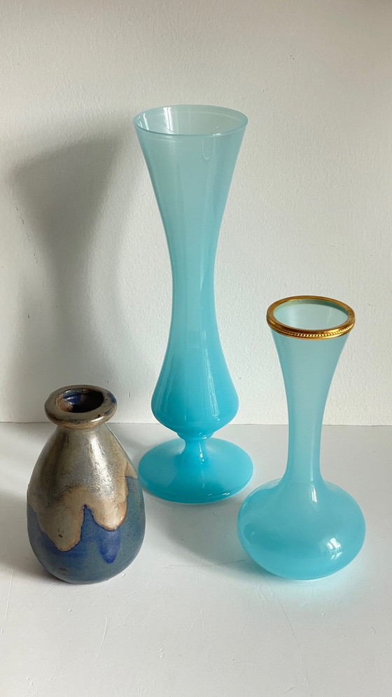 Image 1 of Vintage Blue Stoneware and Opaline Glass Vases