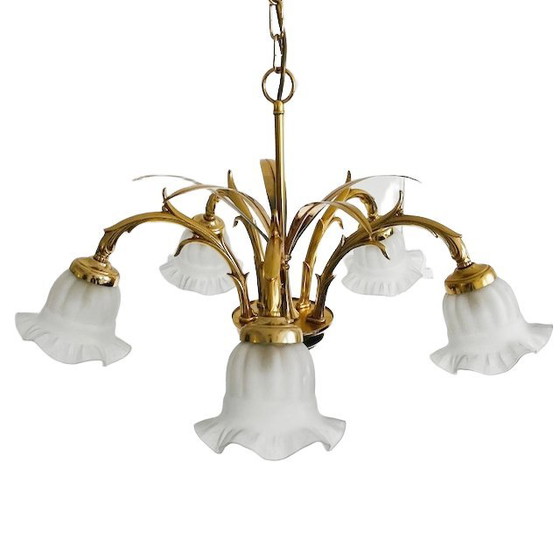 Image 1 of Lampadario vintage in ottone a sei bracci, metà secolo, con foglie di palma, Hollywood Regency, anni '70