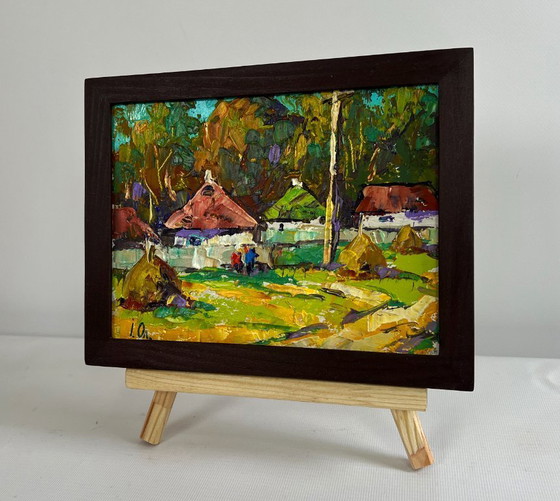 Image 1 of Original Oil Painting: Summer Village Landscape - They Are Sitting on a Bench in the Village