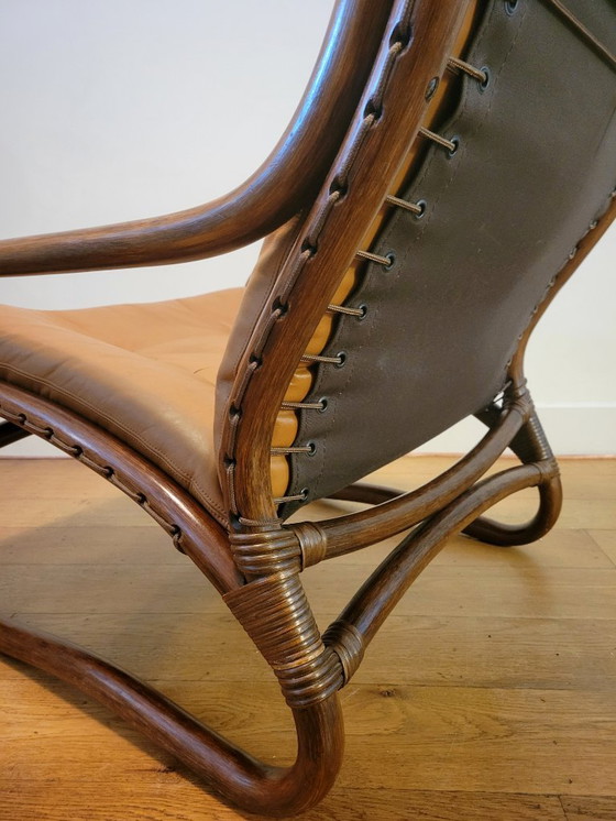 Image 1 of Poltrona vintage in rattan con cuscini in pelle del 1970