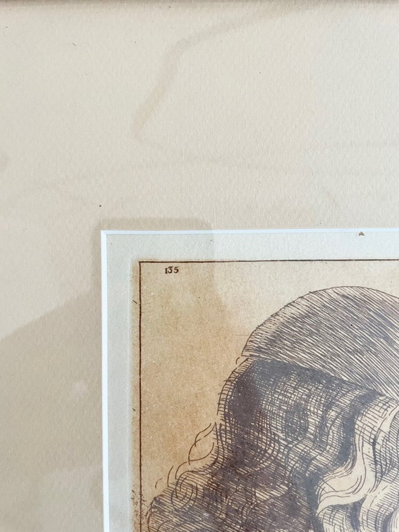 Image 1 of Grabado antiguo enmarcado, según Leonardo da Vinci, perfil masculino renacentista, marco de madera dorado, 40 x 36 cm, decoració