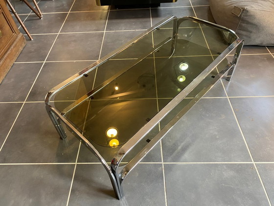 Image 1 of Table basse double plateau verre chrome style Bauhaus vintage 1970