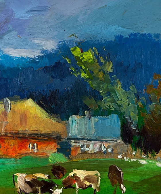 Image 1 of Original Oil Painting Summer Village Landscape Cows grazing peacefully by the river