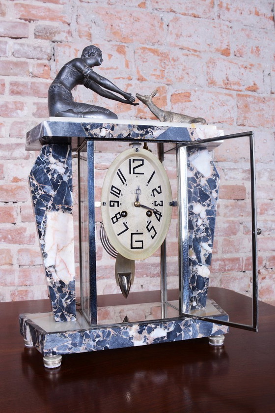 Restored Art Deco Fireplace Clock, Marble, Bronze, Glass, France. 1920s, Black (photo 14 of 15)