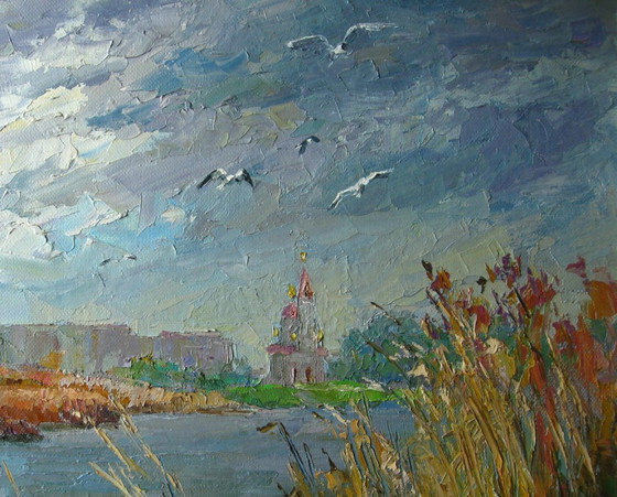 Origineel olieverfschilderij Herfstlandschap Stadsrand Meeuwen boven de rivier. Droge Kagamlyk (photo 6 of 8)