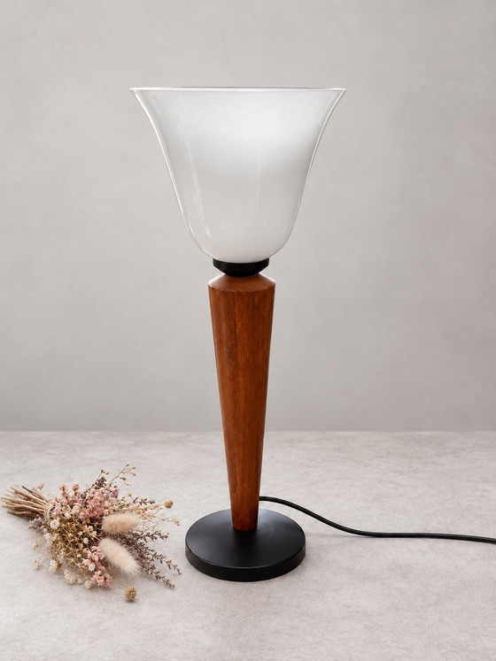 Large Vintage Philips Table Lamp with Opaline Glass Shade & Wooden Base – 1980s (photo 3 of 8)