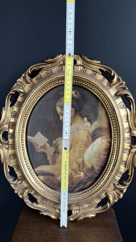 Prachtige vintage ovale lijst met reproductie – Fragonard – La Liseuse / Young Girl Reading (photo 3 of 5)
