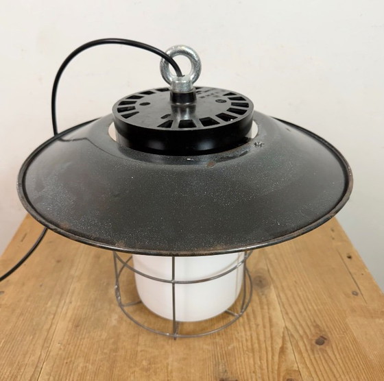 Image 1 of Industrial Grey Enamel Cage Pendant Lamp, 1960s