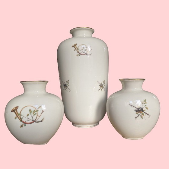 Image 1 of Mid-Century Heinrich Germany "Parforce" Fox Hunting Vase Set - 3 Pieces