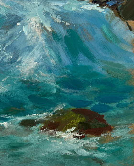 Image 1 of Original Oil Painting Coastal Rock Landscape Sailboats in the distance sea