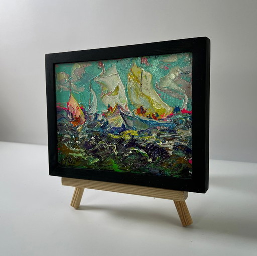 Original Oil Painting Gloomy Waves Landscape Sailboats On The Sea – schilderijen tekeningen, Canvas (photo 2 of 8)