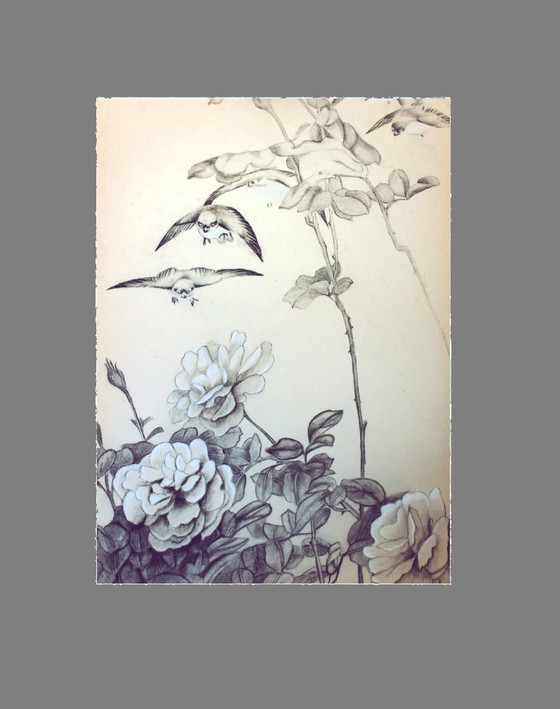 Image 1 of Vintage Japanese-inspired drawing. Vintage drawing. Drawing of flowers and birds. Japanese drawing. Antique drawing.