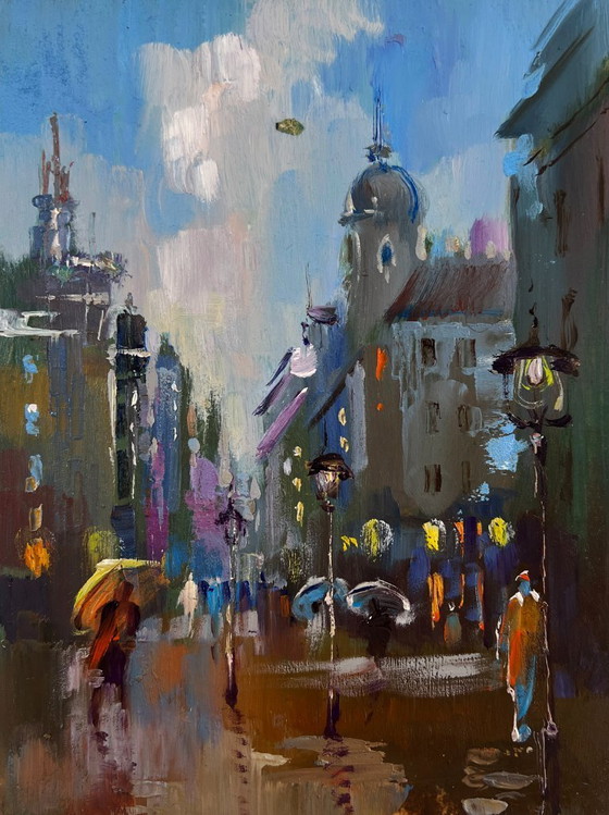 Image 1 of Original Oil Painting Gloomy Street Landscape Dynamics of the city during rain