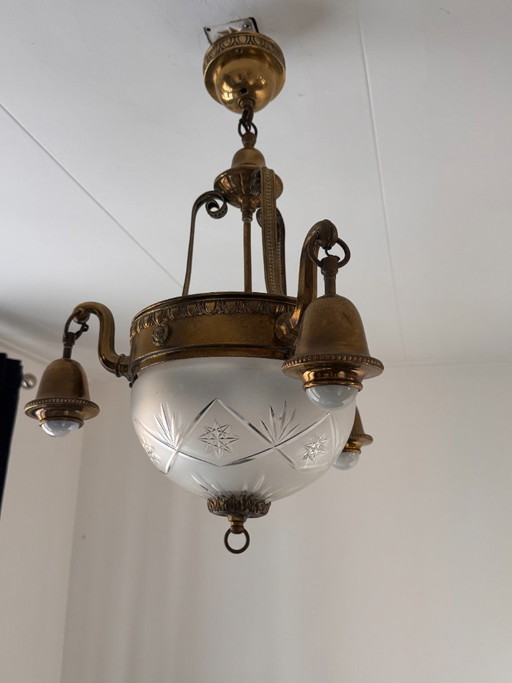 Antique Art Deco Pendant Lamp Brass with Cut Glass 3 Arms and 4 Light Points – hanglampen