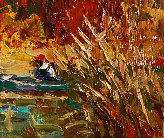 Image 1 of Original Oil Painting Autumn Forest Landscape There is a lake on the outskirts