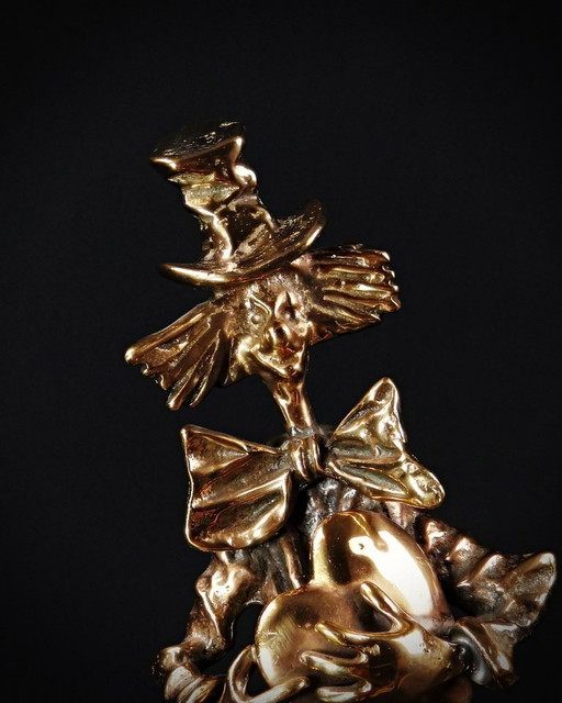 Yves Lohé "Clown au Cœur" sujet en bronze à patine dorée vintage années 90s