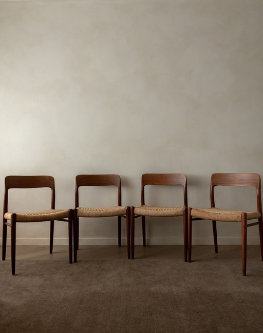 Vintage Danish Dining Chairs Model 75 by Niels Otto Møller for J.L. Møllers Møbelfabrik, Teak Paper Cord Chairs, 1950s, Set of 4