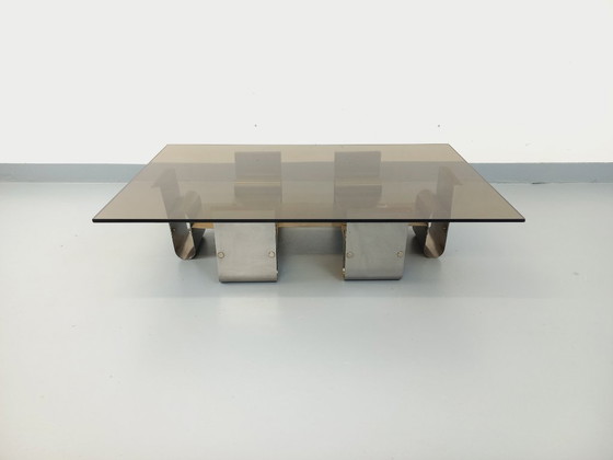 Image 1 of Large rectangular coffee table by François Monnet, vintage Space Age style, in steel and smoked glass from the 1970s