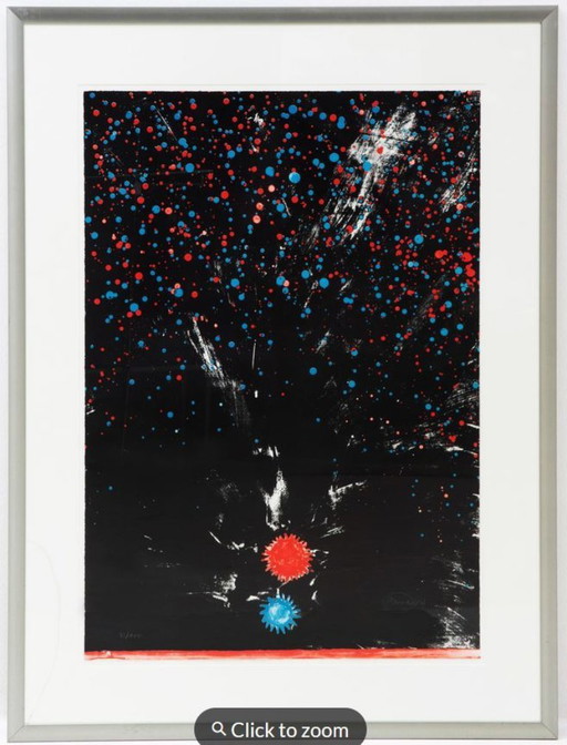 Otto Piene(1928)Kleur Zeefdruk "Compositie Red en Blue Sun"Ges Gen