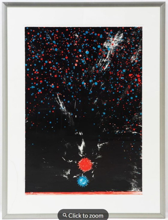 Image 1 of Otto Piene(1928)Kleur Zeefdruk "Compositie Red en Blue Sun"Ges Gen 