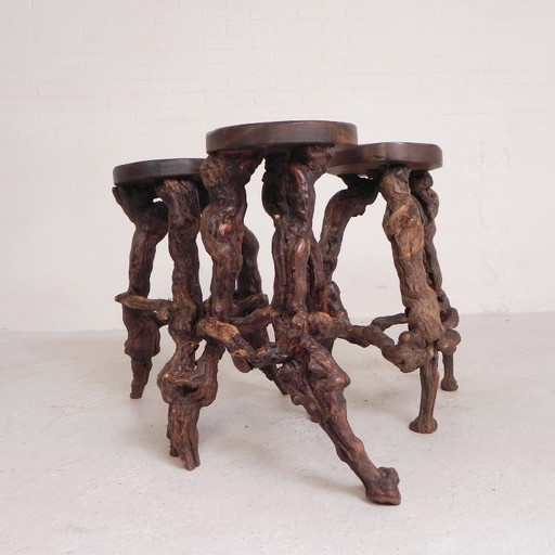 Ensemble de 3 tabourets de bar vintage en fibres végétales, années 1960