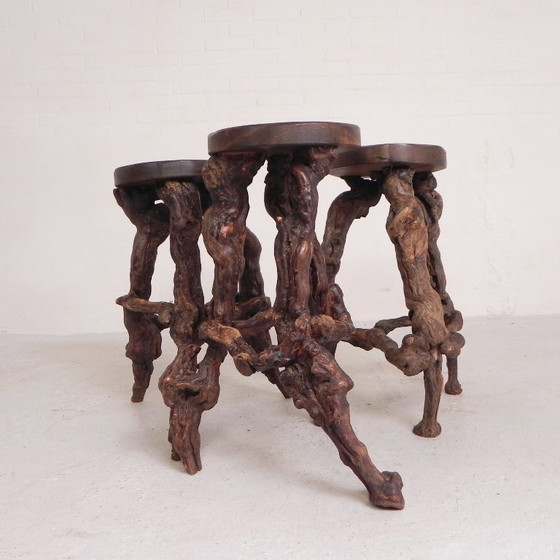 Image 1 of Ensemble de 3 tabourets de bar vintage en fibres végétales, années 1960