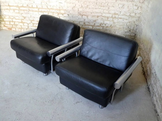 pair of armchairs, black leather & stainless steel, 1990 – Vintage (photo 6 of 14)
