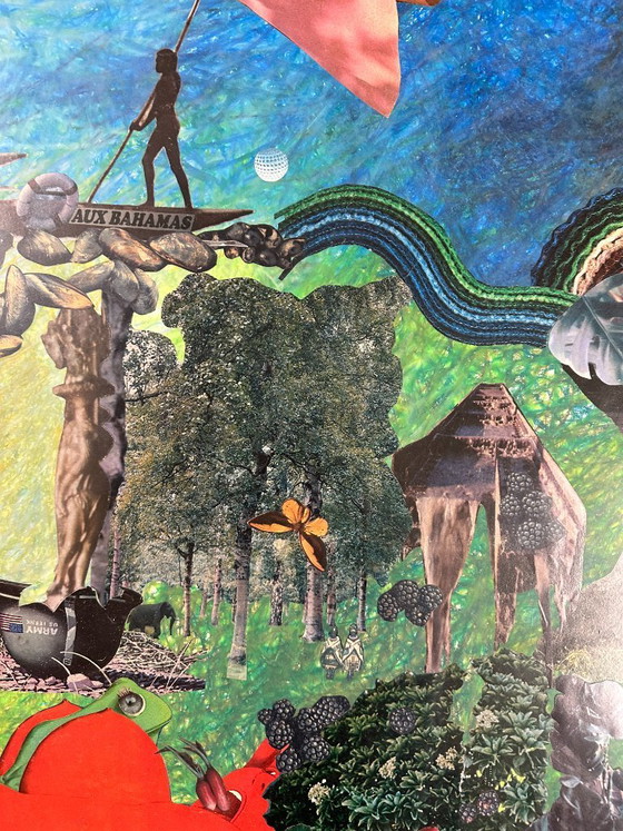 Image 1 of Very large surrealist collage painting by Alain Gaudet, 1979