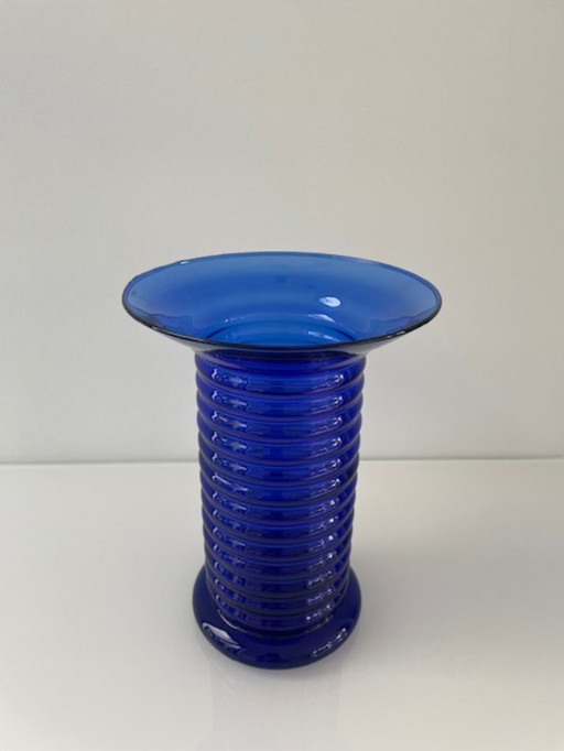 Postmodern vintage vase blue ribbed glass 22 cm
