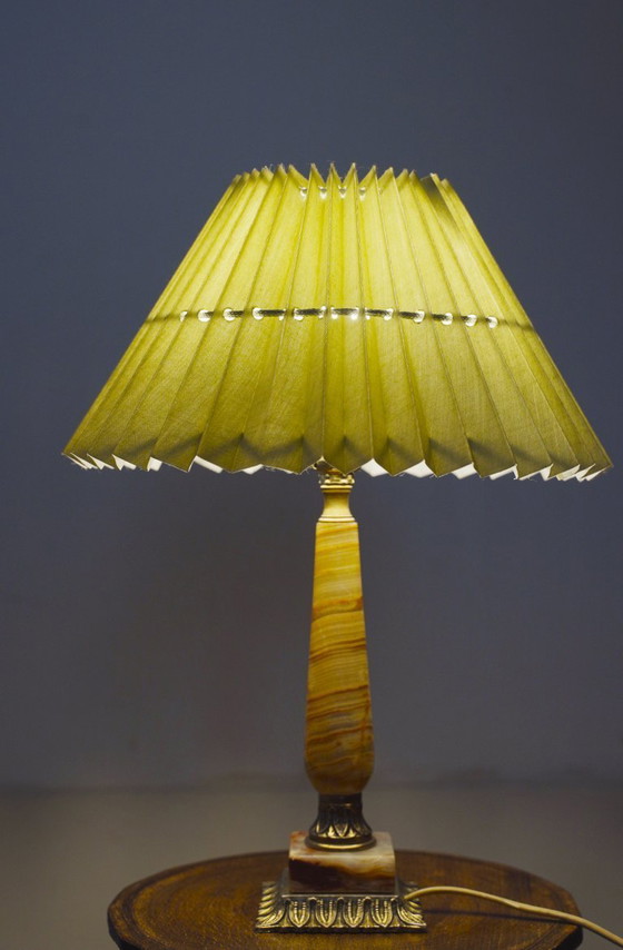Image 1 of Vintage Pink Onyx Marble Table Lamp with Sage Green Pleated Shade, Italian Brass Bedside Lamp, Art Deco Hollywood Regency Accent