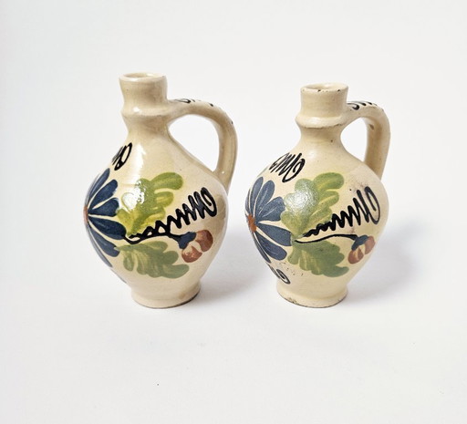 Hungarian Folk Art Pottery | 2 Pcs Set Vintage Traditional HandPainted Floral Ceramic Jugs Pitchers Vases
