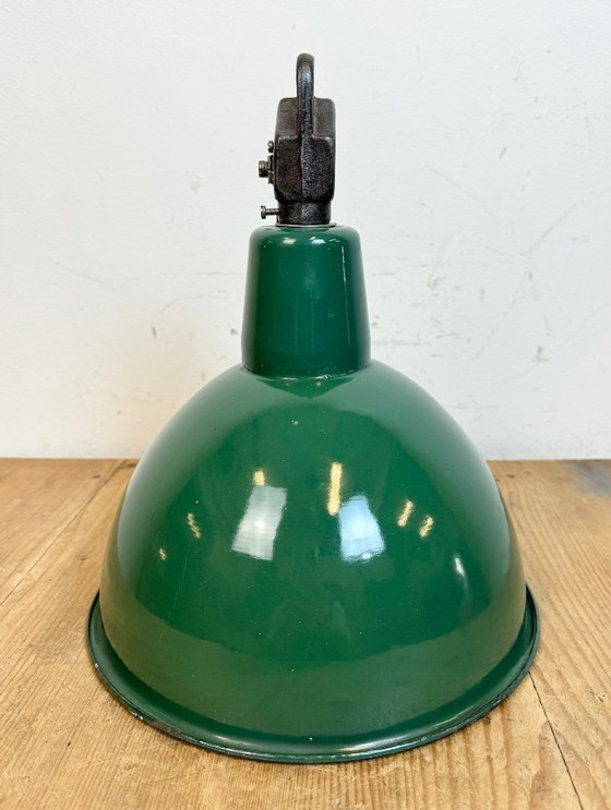 Image 1 of Industrial Green Enamel Factory Lamp with Cast Iron Top, 1960s