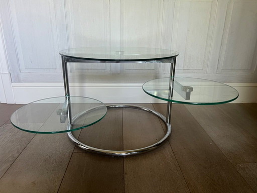Table basse vintage avec 2 plateaux tournants en verre et chrome