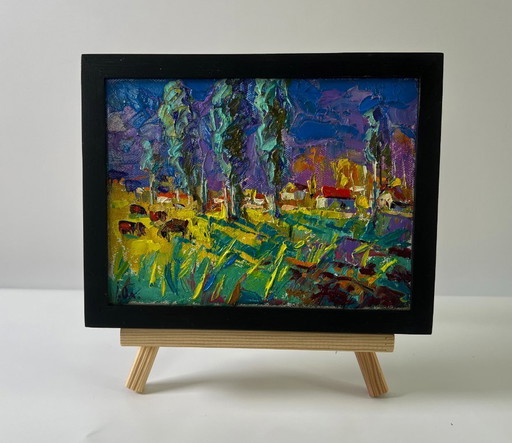 Original Oil Painting Summer Village Landscape Country Nights