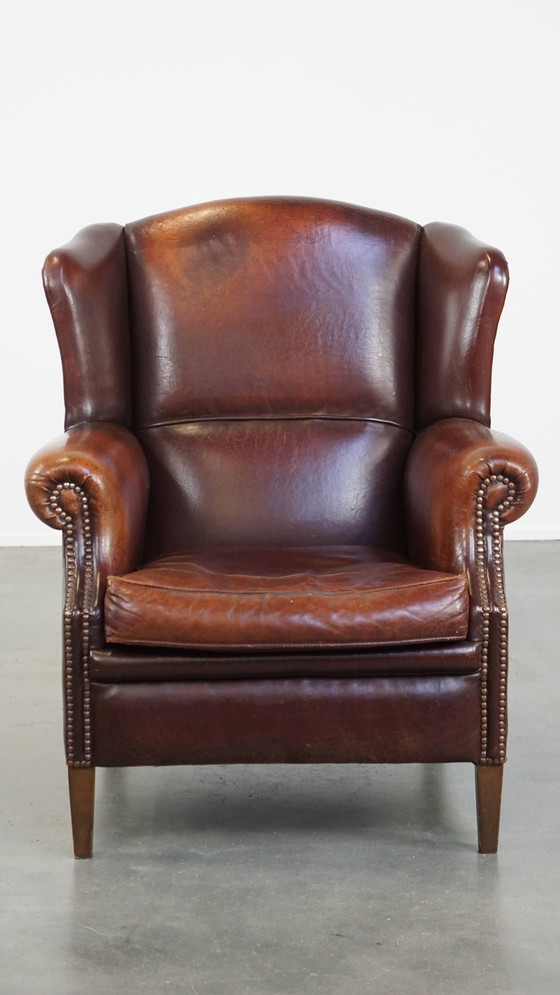 Image 1 of Fauteuil à oreilles vintage en cuir de mouton