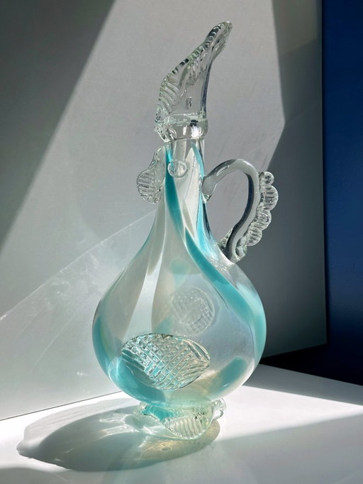 Vintage Murano Blumen Vase Handgemacht Hahn Henne Blau 70er Mid Century Italien Mundgeblasen