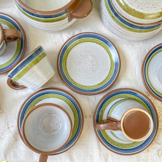 Servizio da caffè vintage in gres maculato grigio anni '50 con strisce verdi e blu - Tazze da caffè vintage (photo 13 of 14)
