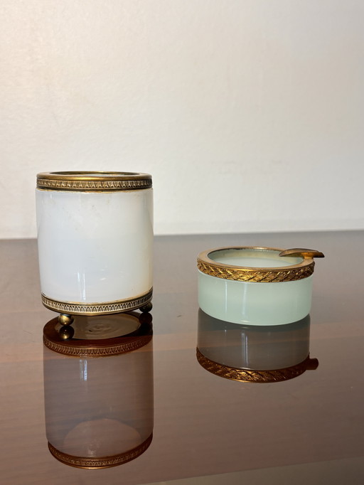 2 opaline ormolu tooth-stick holder & ashtray