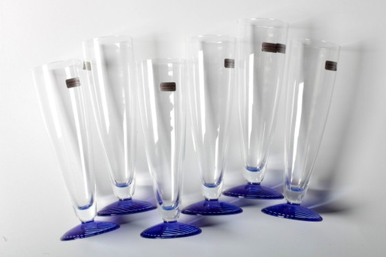 Set van 6 Vintage Glazen met Blauwe Voet / Zeldzame Hoge Tumblers / Zwiesel Glas / Duitsland / Jaren 90 (photo 5 of 11)