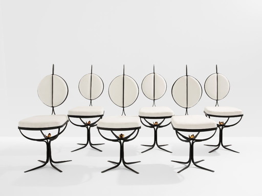 French brutalist wrought iron alcantara set of 6 chairs 1990