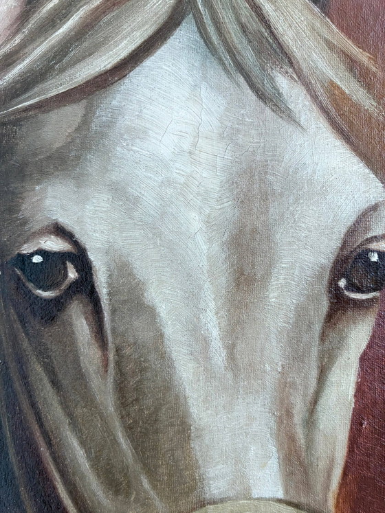 Origineel vintage olieverfschilderij van een wit paard, gesigneerd ruiterportret – Schilderijen & Tekeningen (photo 8 of 19)