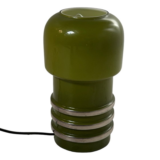 Image 1 of Vintage Scandinavian - Mouth blown glass lamp with chrome detailing - Forrest green and white inside - Two in stock! - Rare and 